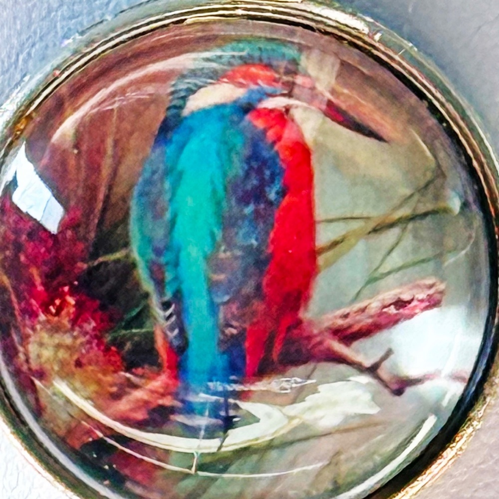 FISHER BIRD ON BRANCH PENDANT NECKLACE, HANDMADE, GLASS DOME ON METAL, 23 INCH